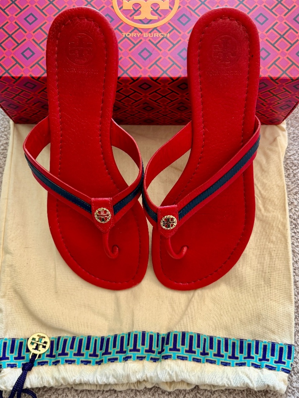 Tory Burch Maritime Thong Sandal Nantucket Red Navy Sea Veg Nappa Size 8.5